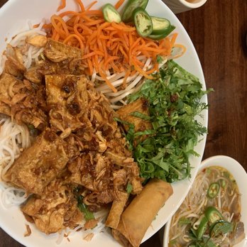 Pho Old Town - Lemon grass tofu vermicelli with add on egg roll and their chili oil - Vietnamese Near Me - Katy, Texas