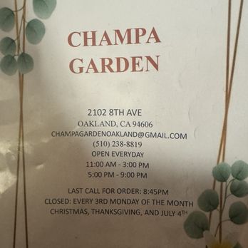 Champa Garden - Menu front page - Thai Near Me - Oakland, California Champa Garden - Menu front page - Thai Near Me - Oakland, California
