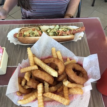 Roadside Eats - The Chicago Dog and the basket of French Fries and Onion Rings. YUM - Hot Dogs Near Me - Bethel, Connecticut