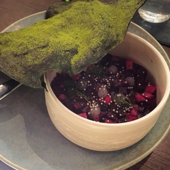 Sparrow + Wolf - Beet and Green Apple Tartare with a Matcha-Coated Dried Seaweed Chip - New American Near Me - Las Vegas, Nevada Sparrow + Wolf - Beet and Green Apple Tartare with a Matcha-Coated Dried Seaweed Chip - New American Near Me - Las Vegas, Nevada
