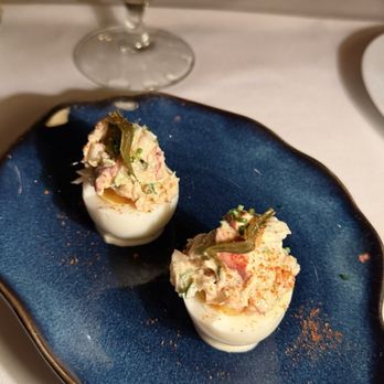 Boulevard - DEVILED LOBSTER STUFFED EGGS pickled sea fennel & toasted sesame seed ($15) - New American Near Me - San Francisco, California Boulevard - DEVILED LOBSTER STUFFED EGGS pickled sea fennel & toasted sesame seed ($15) - New American Near Me - San Francisco, California