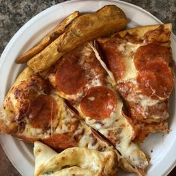 Pepperoni Pizza, potato wedges, and groovy twists Pepperoni Pizza, potato wedges, and groovy twists