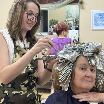 Total Image Hair Design - Skye hard at work weaving some highlites. - Hair Salons Near Me - Kerrville, Texas Total Image Hair Design - Skye hard at work weaving some highlites. - Hair Salons Near Me - Kerrville, Texas