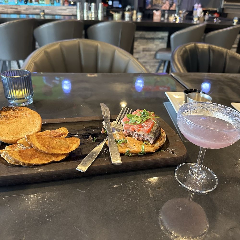 Classic burger with wonderful, fresh, french fries. When the drink had beautiful berry sugar rim and a bubble of smoke. Classic burger with wonderful, fresh, french fries. When the drink had beautiful berry sugar rim and a bubble of smoke.