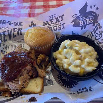 Famous Dave's - 1 MEAT PLATTER with pulled CHOPPED PORK SANDWICH, macaroni and cheese with corn muffin. The bread was kinda tough, meat was tasty. - Barbeque Near Me - Downey, California Famous Dave's - 1 MEAT PLATTER with pulled CHOPPED PORK SANDWICH, macaroni and cheese with corn muffin. The bread was kinda tough, meat was tasty. - Barbeque Near Me - Downey, California