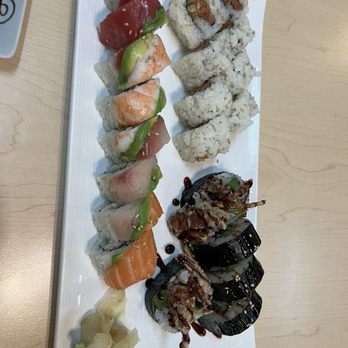 Sushi Bei - Rainbow roll, spicy tuna, spider roll. We also got the miso soup with seafood and green tea. - Sushi Bars Near Me - Gardena, California