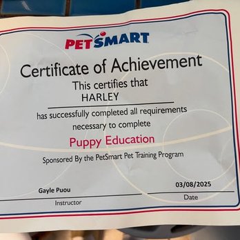 PetSmart - Puppy Graduation Certificate of Achievement for Harley - Pet Groomers Near Me - Mililani, Hawaii PetSmart - Puppy Graduation Certificate of Achievement for Harley - Pet Groomers Near Me - Mililani, Hawaii