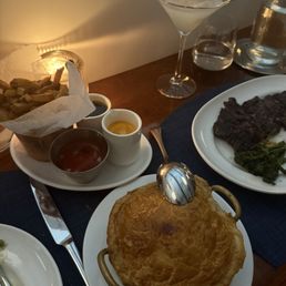Corn pot pie, fries and lychee martini Corn pot pie, fries and lychee martini