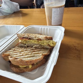 Johnson Hall Coffee House - Eggs and bacon in sourdough, honey iced latte - Coffee & Tea Near Me - Hulmeville, Pennsylvania