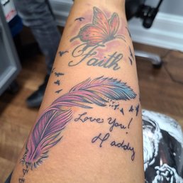 Tattoos done in memory of my dad by Jason. Butterfly with Faith was done 7/2019. Feather with Dad's signature 10/2021. Tattoos done in memory of my dad by Jason. Butterfly with Faith was done 7/2019. Feather with Dad's signature 10/2021.