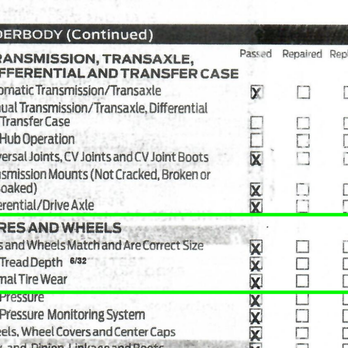Fiesta Ford - This is from the vehicle checklist they provided - notice everything passed and tires said to be at 6/32" - Auto Repair Near Me - Indio, California