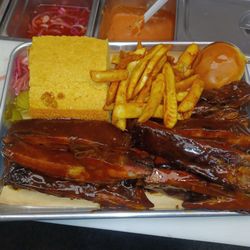 CJ's BBQ - 6 pork ribs side of cornbread and french fries