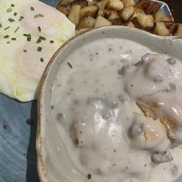 Biscuts and Turkey Gravy, over easy eggs and potatoes Biscuts and Turkey Gravy, over easy eggs and potatoes