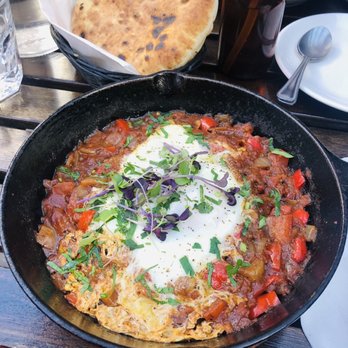 Levantine - Shakshuka (and falafel hummus in the back) - Mediterranean Near Me - Brooklyn, New York