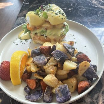 Whisper - Seafood Benedict with tri color potatoe medley - Breakfast & Brunch Near Me - San Mateo, California