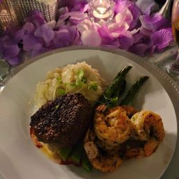 Surf and Turf... Filet Mignon, Shrimp, Mashed potatoes and Asparagus