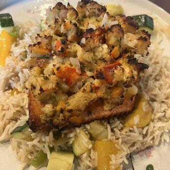 The Peppermill Steakhouse - 8/29 Chef's whim: steel head salmon topped with crab meat on a bed of rice and veggies - Cocktail Bars Near Me - Tempe, Arizona
