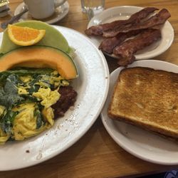 Dapper's West Family Restaurant - Corned beef hash extra crispy w/2 scrambled eggs spinach, fresh fruit, sourdough toast, side of bacon extra crispy