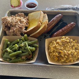 2 meat plate: pulled pork and hot links with corn casserole and green beans (pickles, pickled onions and bbq sauce) 2 meat plate: pulled pork and hot links with corn casserole and green beans (pickles, pickled onions and bbq sauce)