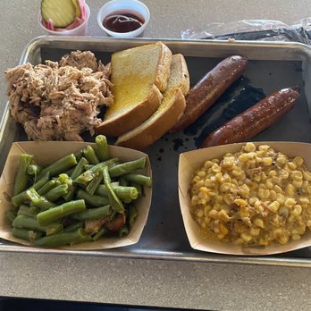 Pig In Pig Out - 2 meat plate: pulled pork and hot links with corn casserole and green beans (pickles, pickled onions and bbq sauce) - Barbeque Near Me - Wichita, Kansas Pig In Pig Out - 2 meat plate: pulled pork and hot links with corn casserole and green beans (pickles, pickled onions and bbq sauce) - Barbeque Near Me - Wichita, Kansas