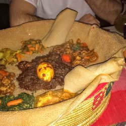 Merkato - Mixed veggie platter ,spicy dorowot, and spicy lamb