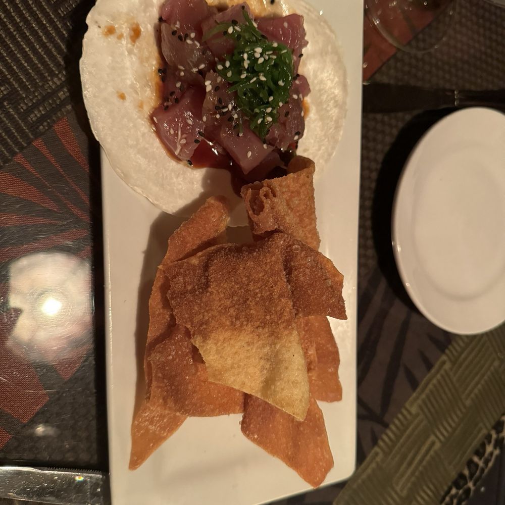 Tuna poke and wonton chips