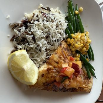 Anthony's Hearthfire Grill - Blackened Wild Alaskan Halibut with peach salsa - New American Near Me - Olympia, Washington
