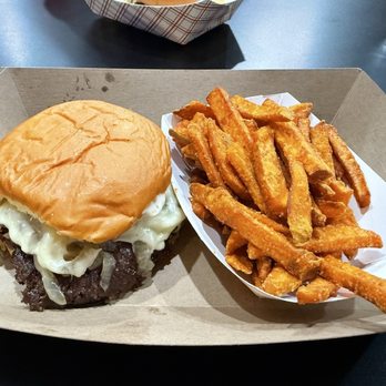 Smash'd Burger Bar - Mushroom & Swiss with sweet potato fries - Burgers Near Me - Indianapolis, Indiana