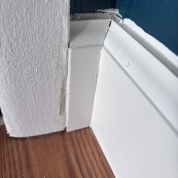 Rochester Handyman LLC - chipped casing, non-angled edge, sloppy caulk - Handyman Near Me Rochester Handyman LLC - chipped casing, non-angled edge, sloppy caulk - Handyman Near Me
