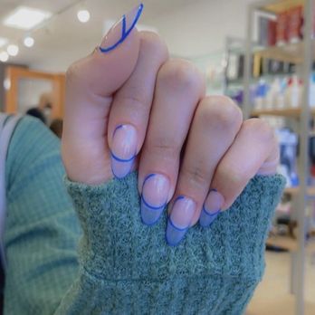 Reinaldo Salon - Apres Gel X Nails with abstract blue line design - Hair Salons Near Me - Miami, Florida