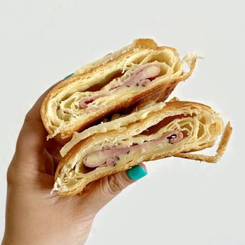 Tiny Croissanterie - Cross-section: Yuzu Ham & Cheese Croissant | $7.50 - Bakeries Near Me - Sunnyvale, California Tiny Croissanterie - Cross-section: Yuzu Ham & Cheese Croissant | $7.50 - Bakeries Near Me - Sunnyvale, California
