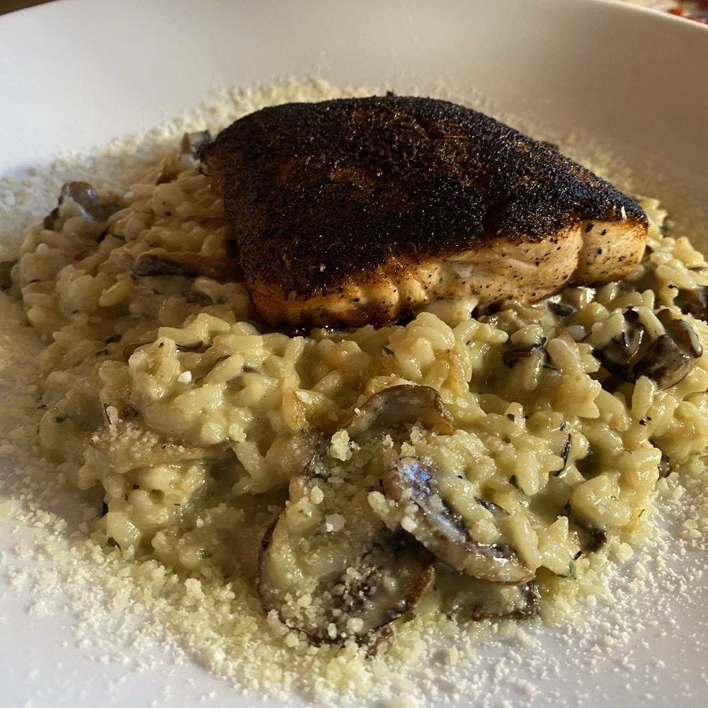 Flair Modern Cuisine   - Blackened salmon w/mushroom risotto - delicious! - New American Near Me - Chapel Hill, North Carolina