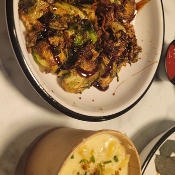 Oak & Ember - Brussel sprouts, Mac n cheese & what was left of the cheese dip n chips - Halal Near Me - Ontario, California Oak & Ember - Brussel sprouts, Mac n cheese & what was left of the cheese dip n chips - Halal Near Me - Ontario, California