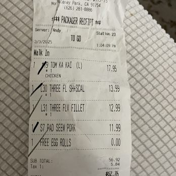Thai Paradise - My bill of what I ordered and how much i spent to trow it in the trash - Thai Near Me - Monterey Park, California Thai Paradise - My bill of what I ordered and how much i spent to trow it in the trash - Thai Near Me - Monterey Park, California