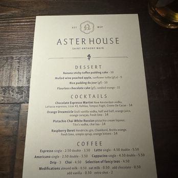 Aster House - Dessert Menu - American Near Me - Minneapolis, Minnesota Aster House - Dessert Menu - American Near Me - Minneapolis, Minnesota