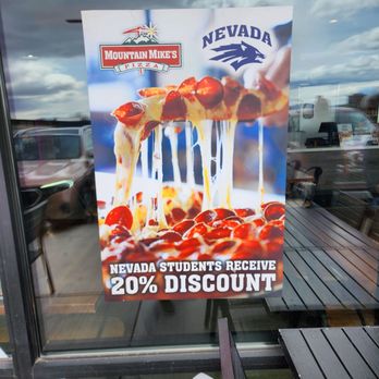 Mountain Mike's Pizza - Poster offering Nevada students 20% discount - Pizza Near Me - Reno, Nevada Mountain Mike's Pizza - Poster offering Nevada students 20% discount - Pizza Near Me - Reno, Nevada