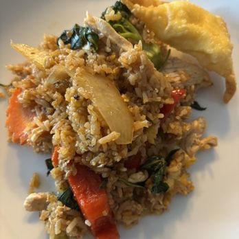 Little Thai Corner - Basil Fried Rice with Chicken and one Crab Rangoon. - Thai Near Me - Warwick, Rhode Island Little Thai Corner - Basil Fried Rice with Chicken and one Crab Rangoon. - Thai Near Me - Warwick, Rhode Island