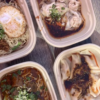 Mian - Top LR: Chengdu Noodles, Chengdu Noodles, Chili Oil Chaoshou Bottom LR: Spicy Beef Noodles, Pork Dumplings (MY FAVE) - Noodles Near Me - Artesia, California