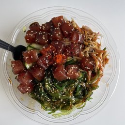 create 2 Scoop Make Your Own brown rice, ahi tuna, crab salad, seaweed salad, cucumber, eel sauce.