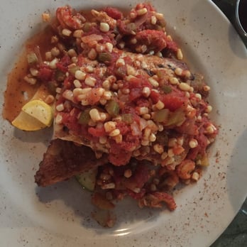 Foolish Frog - Mahi Mahi with tomato/corn/crawfish on top of a fried grit cake and seasonal vegetables (yellow squash and zucchini). Delicious. - Seafood Near Me - Saint Helena Island, South Carolina