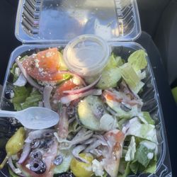 Pizzaiolo's - Greek Salad (Large), missing the chicken, with the utensils missing the fork, missing the Greek dressing I requested.