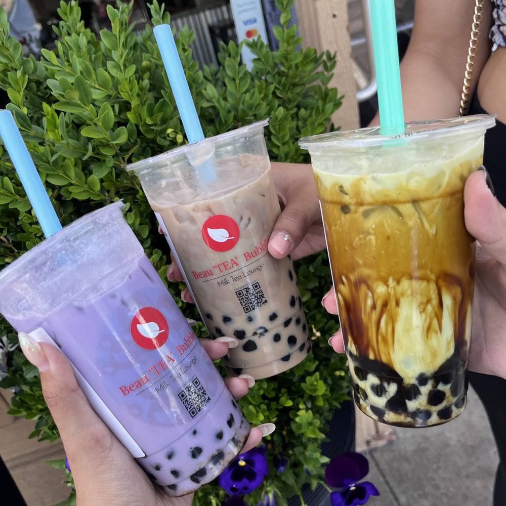 Taro milk tea, matcha brown sugar and lavender milk tea with boba Taro milk tea, matcha brown sugar and lavender milk tea with boba