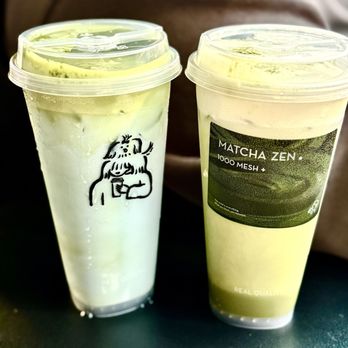 Hey Tea - Cloud Coconut Blue (Left) & Cloud Matcha Latte (Right) - Bubble Tea Near Me - Boston, Massachusetts