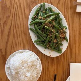 Specialty: String Bean Salad paired with White Rice. Topped with garlic, red chili vinaigrette.. Vegetarian/vegan and gluten-free!
