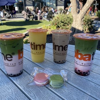 It's Boba Time - Rancho Cucamonga - From left to right: Rose Matcha Milk Tea w/ boba, Mango Cream Slush, House Milk Tea w/ boba, and Strawberry Matcha Milk Tea w/ boba! - Bubble Tea Near Me - Rancho Cucamonga, California It's Boba Time - Rancho Cucamonga - From left to right: Rose Matcha Milk Tea w/ boba, Mango Cream Slush, House Milk Tea w/ boba, and Strawberry Matcha Milk Tea w/ boba! - Bubble Tea Near Me - Rancho Cucamonga, California