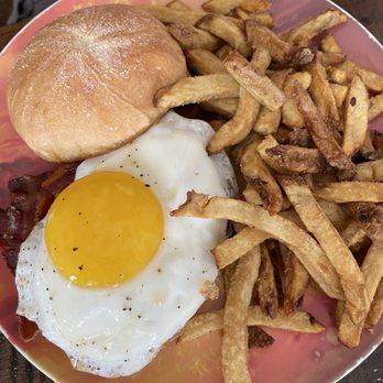 Strange Design Public House - Brunch burger with bacon, cheese, fried egg and fries. - Chicken Wings Near Me - Geneseo, New York Strange Design Public House - Brunch burger with bacon, cheese, fried egg and fries. - Chicken Wings Near Me - Geneseo, New York