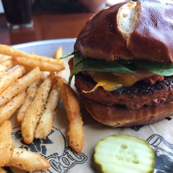 HopCat - Totally Possible Vegan Burger with a slice of cheddar cheese added by request and Cosmik Fries - Beer Bar Near Me - Holland, Michigan