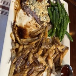 Steak with blue cheese, Parmesan fries with a house made ketchup, and green beans