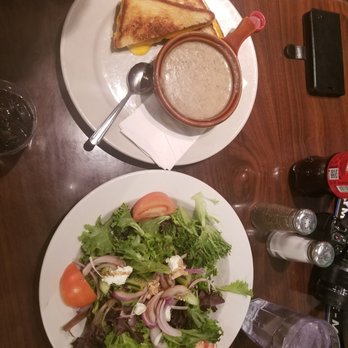 Toomey's - Mushroom soup with a grilled cheese sandwich $13 and greens salad $10 - New American Near Me - Mammoth Lakes, California