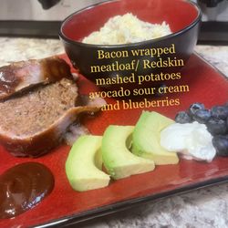 Salty Pimps Catering - Bacon wrapped meatloaf, avocado and risotto